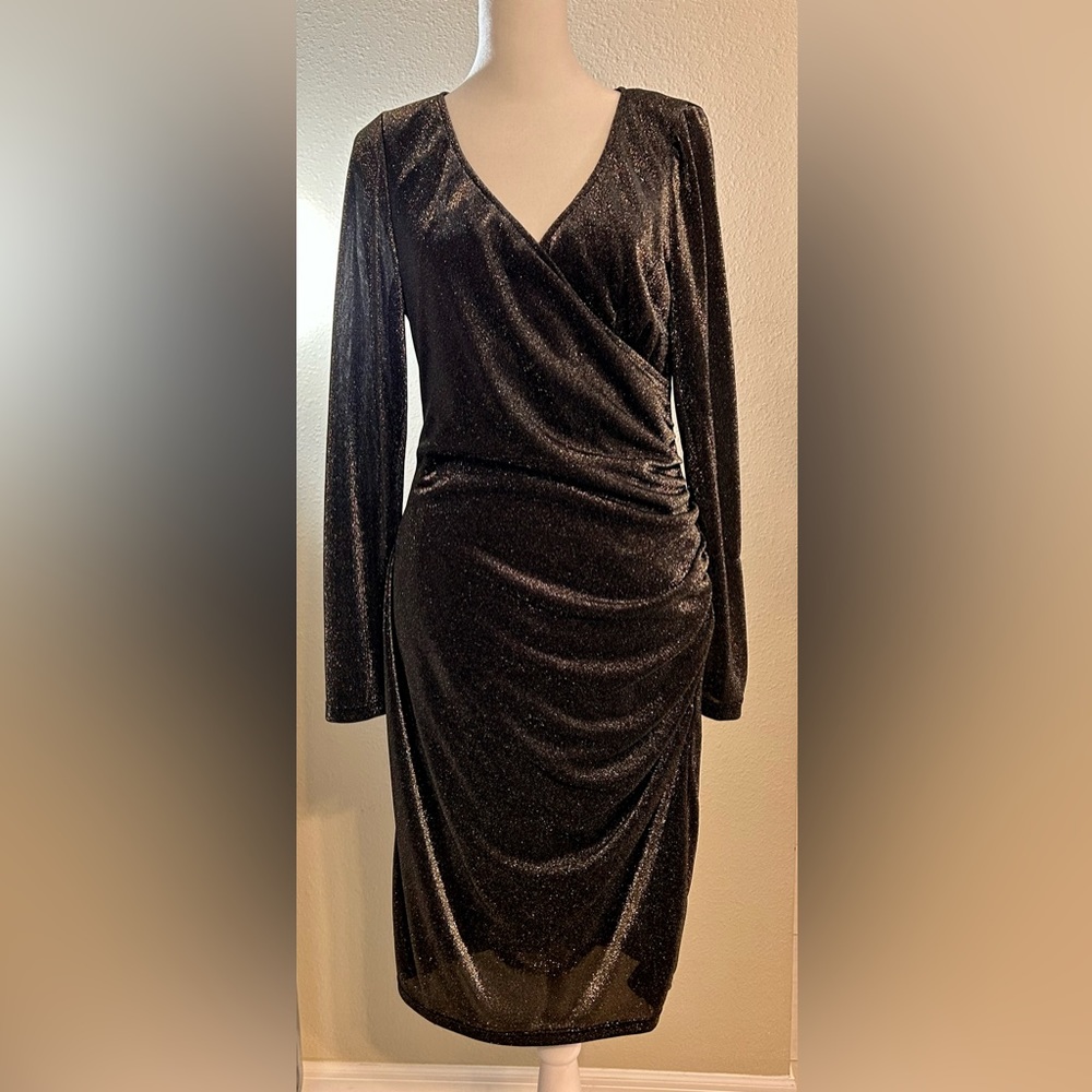 WHBM Long-Sleeve Black Sparkle Knit Ruched Sheath Dress